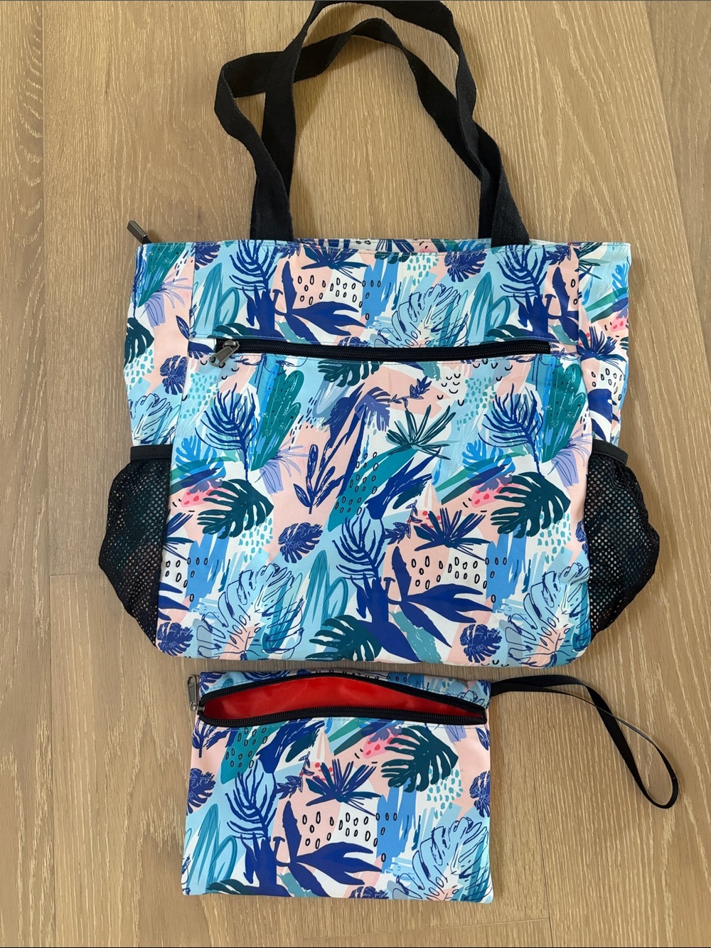 Floral Tropical Print Tote Bag with Wristlet - Blue & Pink
